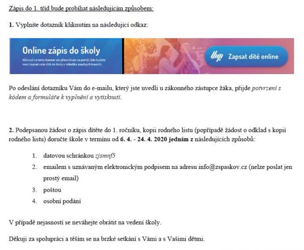 Zápis dětí do 1. třídy ZŠ